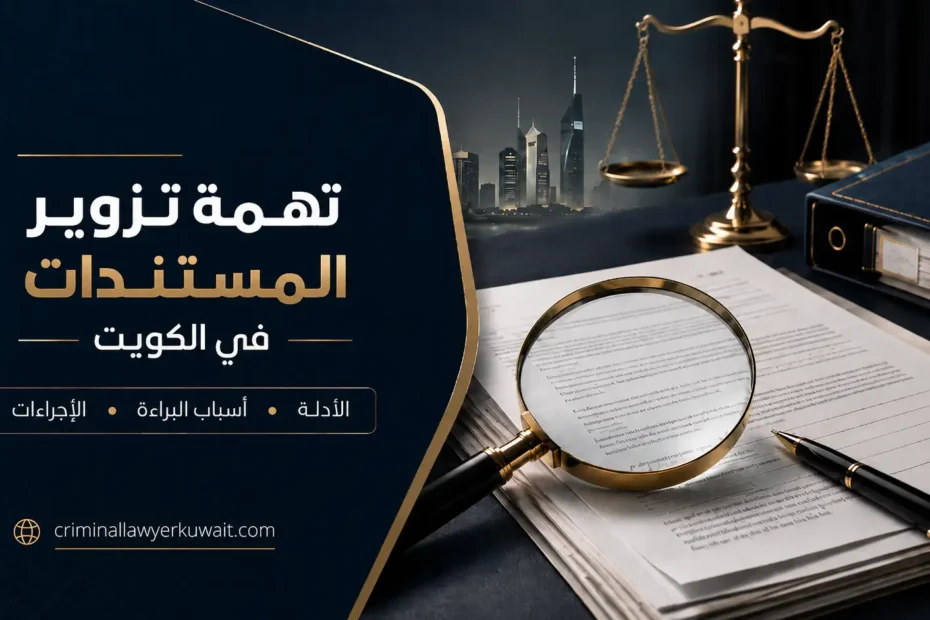 صورة بارزة لمقال تهمة تزوير المستندات في الكويت، تعرض أوراقًا قانونية تحت عدسة مكبرة بجانب ميزان العدالة وقلم وملف