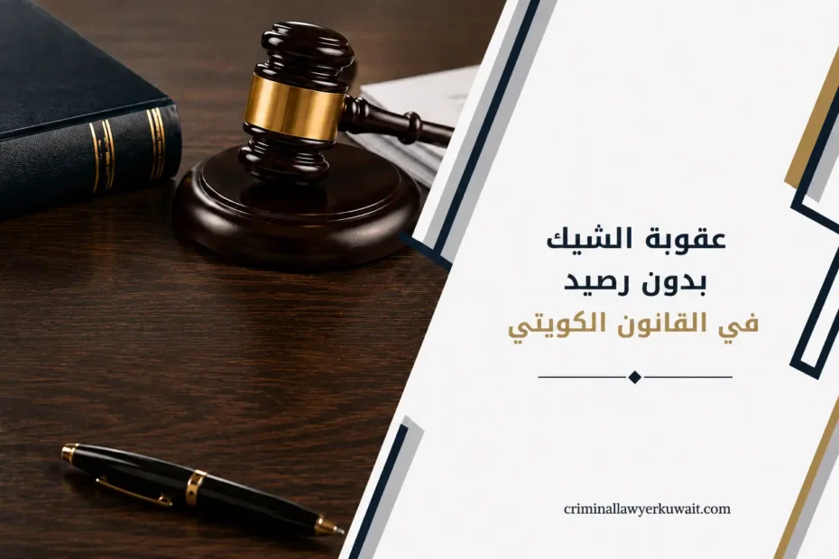 صورة بارزة لمقال عقوبة الشيك بدون رصيد في القانون الكويتي، تتضمن مطرقة قاضٍ وقلماً وأوراق.