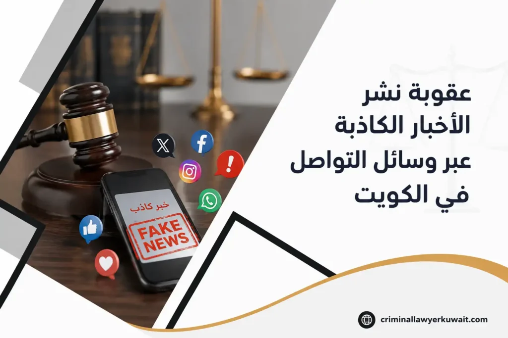 صورة بارزة لمقال عقوبة نشر الأخبار الكاذبة عبر وسائل التواصل في الكويت، تضم هاتفًا يعرض خبرًا كاذبًا ومطرقة قاضٍ ورموز منصات التواصل.